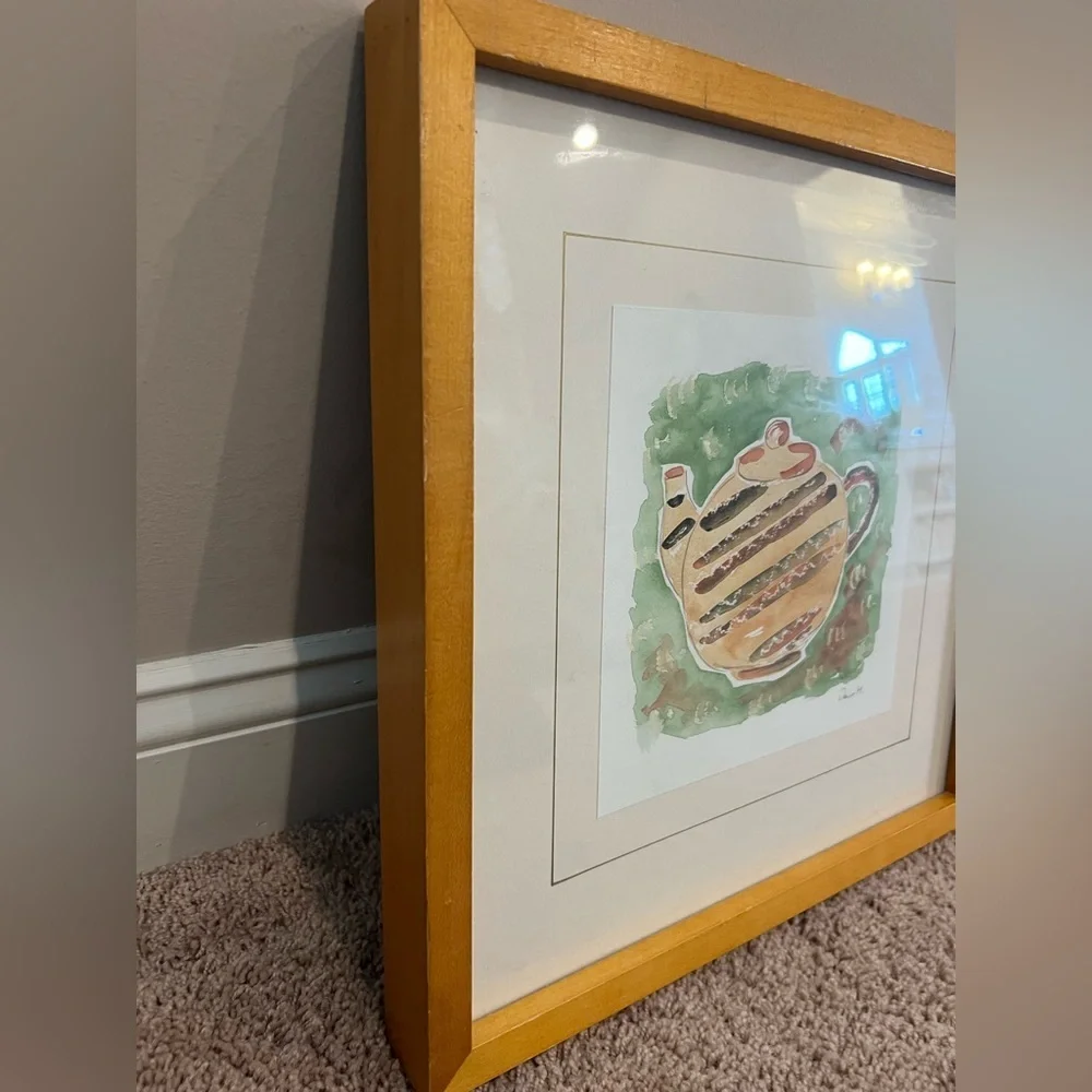 Crate and barrel framed teapot pitcher water color  painting print soicher Marin